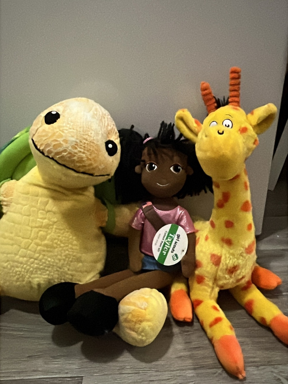 LOFT Plush Toy Lot - Yellow Turtle, Brown Doll, Yellow Orange Giraffe